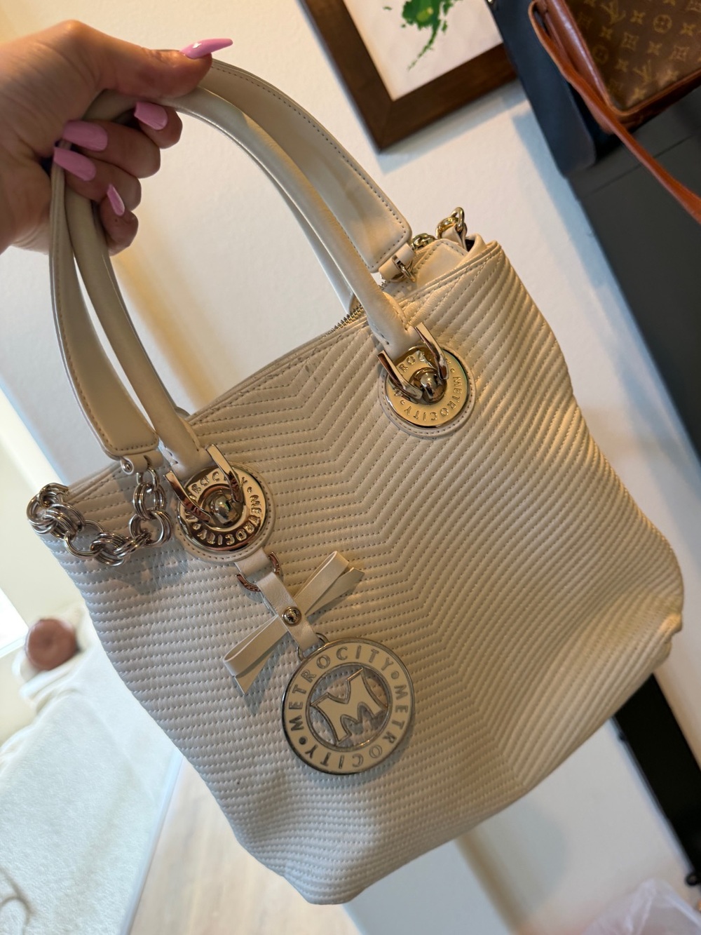 Motorcity Cream Quilted Tote Bag with Gold Accents